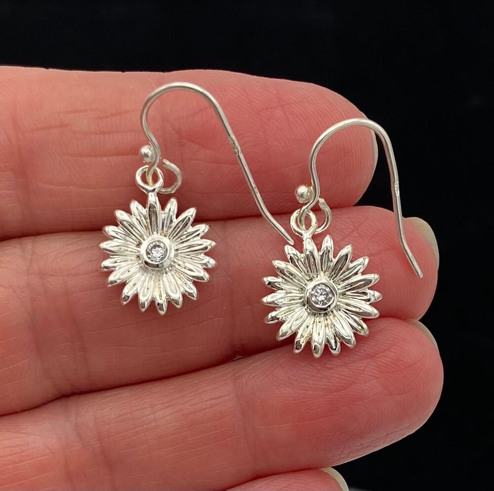 Sterling Silver Flower Drop Earrings Sparkling Clear Glass Stone Dangle Pierced